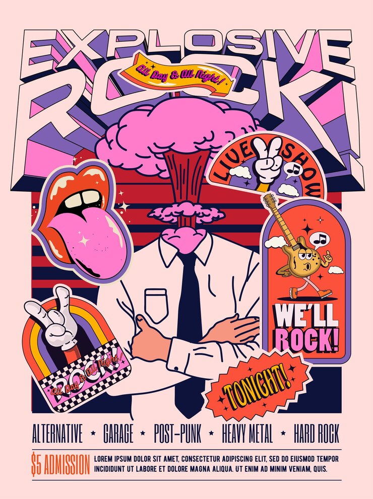 Espectáculo de música rock en vivo o cartel de concierto o festival o plantilla de diseño de volante en estilo retro