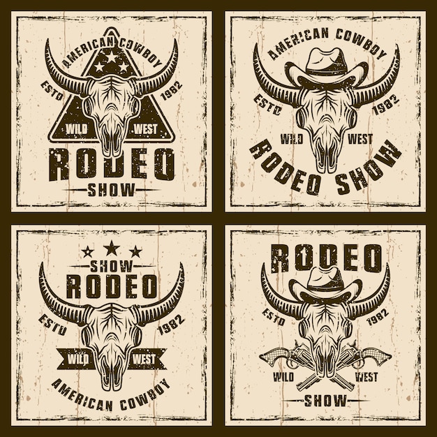 Espectáculo de rodeo conjunto de cuatro vectores de estilo salvaje oeste ilustración vectorial en estilo vintage en el fondo con texturas grunge extraíbles