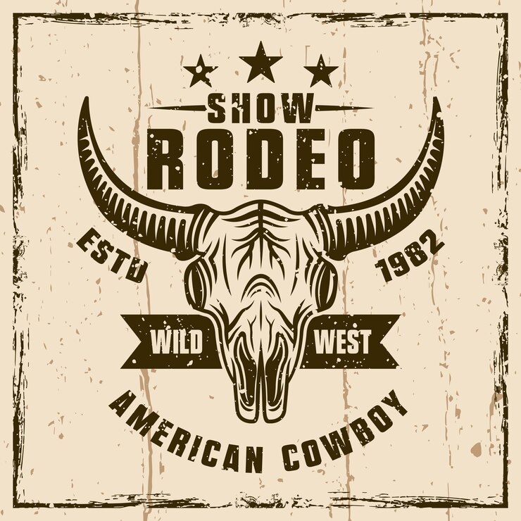 Vector espectáculo de rodeo emblema vectorial de color o estampado de camiseta con cráneo de toro. ilustración sobre fondo con texturas grunge e ilustración de vector de marco
