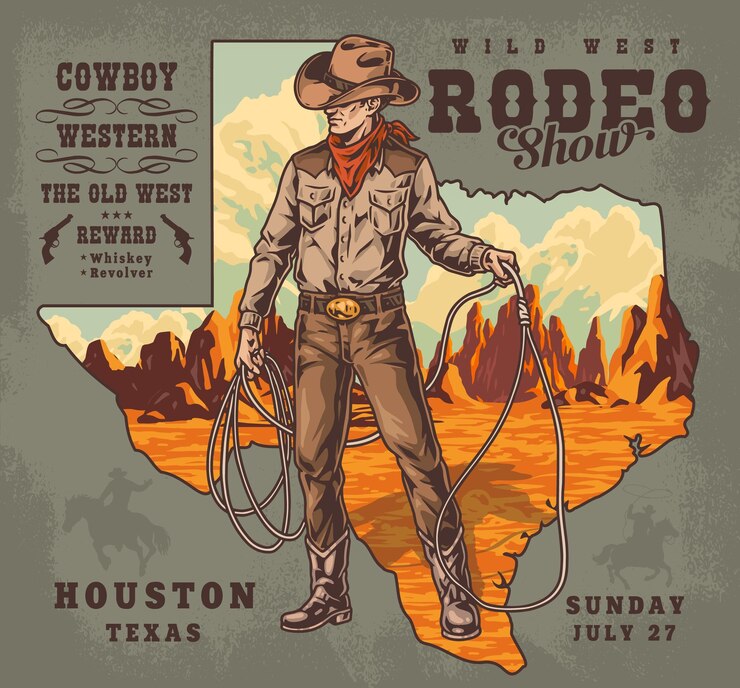 Vector el espectáculo de rodeo es un volante vintage de colores.