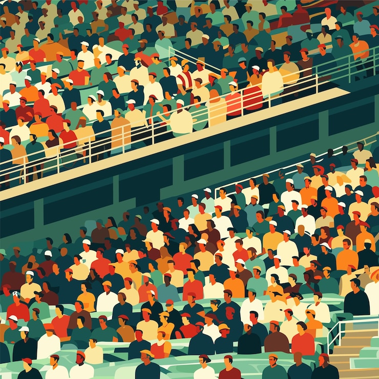 Vector espectadores abarrotados del estadio viendo el evento público diverso sentado en las gradas vestimenta colorida aficionados