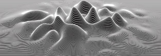 Espectro de onda de audio de eco vectorial 3d. Gráfico de oscilación de ondas musicales visualización futurista. Patrón de impulso difuminado en escala de grises. O Mapa en relieve abstracto. Concepto de elevación del paisaje.