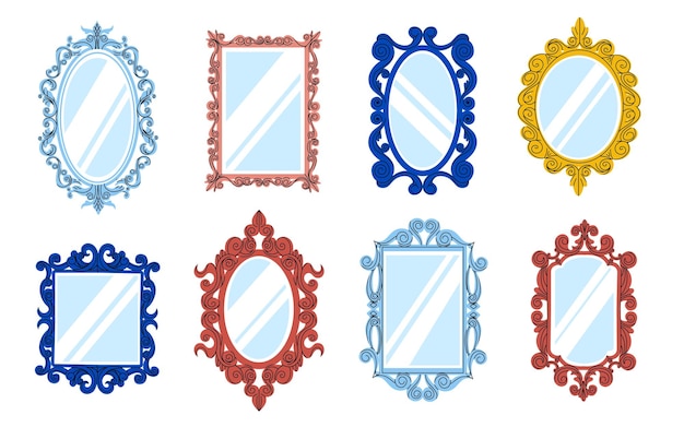Espejo decorativo de dibujos animados Marcos brillantes de encaje vintage con reflejos diferentes formas elementos creativos modernos decoración para niñas Colección aislada de vectores