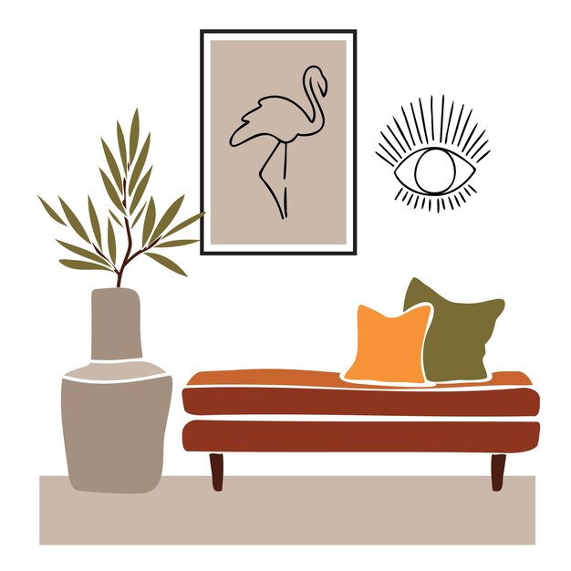 Espejo con forma de ojo y flamenco abstracto.Interior boho moderno con elementos abstractos en estilo recortado