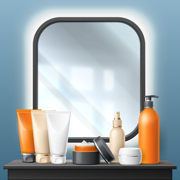 Espejo de maquillaje realista Productos cosméticos en tocador Accesorios de salón de belleza Marco de iluminación de superficie reflectante cuadrada Estudio de spa Tarro de crema y botellas de loción Concepto vectorial