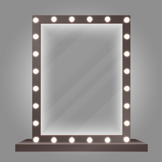 Espejo en marco con bombillas. Ilustración de espejo de maquillaje.