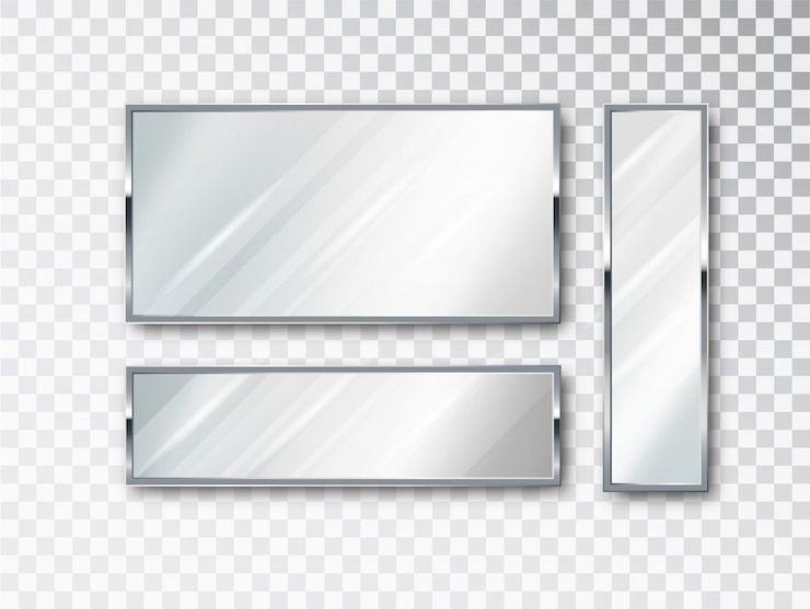 Vector espejo realista conjunto aislado. diseño 3d realista para muebles de interior. superficies de vidrio reflectantes aisladas.