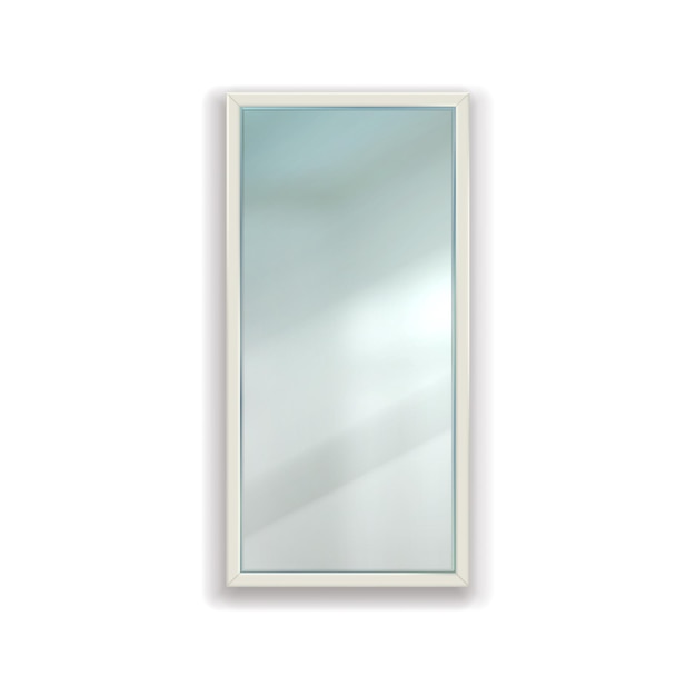 Espejo rectangular realista para baño Casa superficie de vidrio reflectante en marco cuadrado blanco colgado en la pared Mobiliario de habitación aislado elemento 3D Mobiliario vectorial de forma geométrica baño o dormitorio