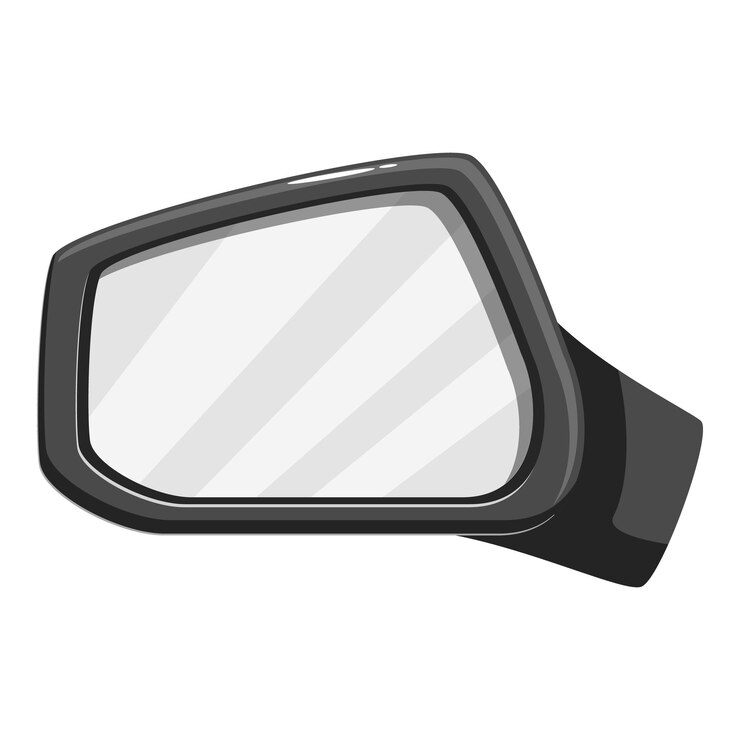 Espejo retrovisor lateral que refleja la carretera vacía sobre un fondo blanco