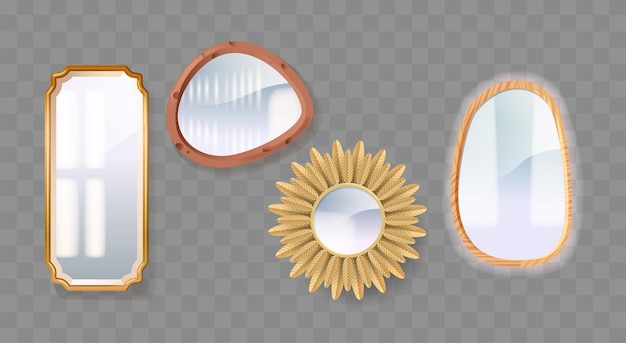 Espejos caseros realistas 3D superficies reflectantes vectoriales elegantemente enmarcadas que mejoran la luz y el espacio