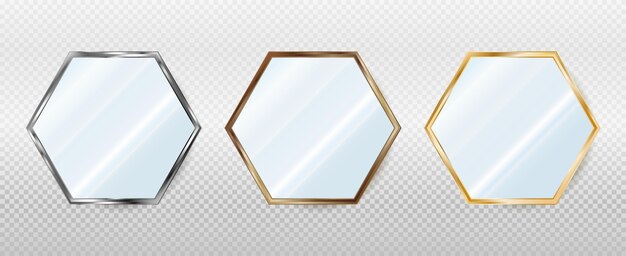 Espejos hexagonales realistas en marcos metálicos de bronce y oro ilustración vectorial 3d