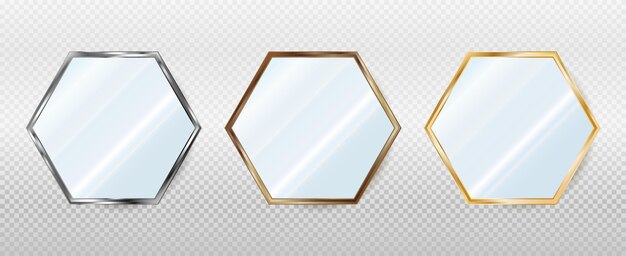 Vector espejos hexagonales realistas en marcos metálicos de bronce y oro ilustración vectorial 3d