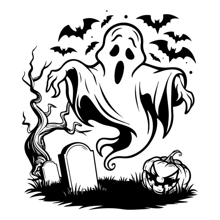 Espeluznante fantasma de Halloween con sombrero de bruja en la escena del cementerio