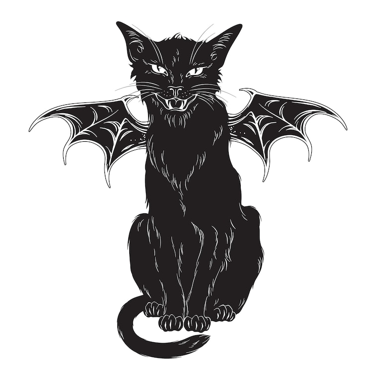 Vector espeluznante gato negro con alas de monstruo aislado bruja espíritu familiar halloween vector ilustración