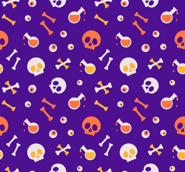 Espeluznante Halloween patrón sin costuras con huesos del cráneo botella de veneno y ojos en fondo violeta