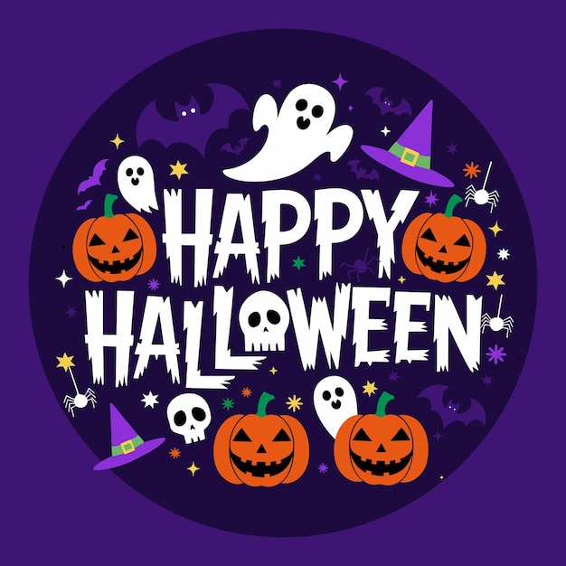 Espeluznante tipografía de Halloween con elementos festivos en un fondo púrpura