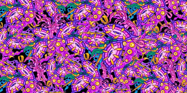 Espeluznantes ojos de monstruo morado y patrón de planta