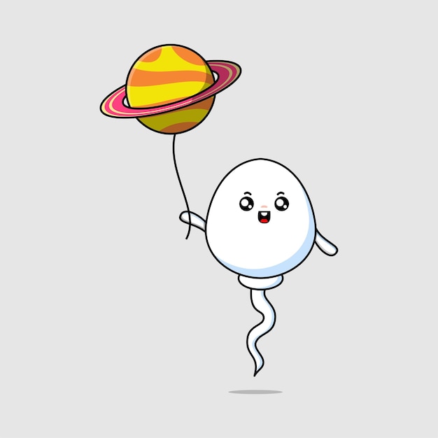 Esperma de dibujos animados lindo flotando con ilustración de vector de dibujos animados de globo de planeta