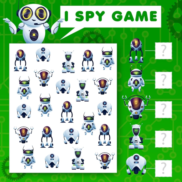 Vector espía juego de acertijos, tarea de vector de niños de robots de dibujos animados
