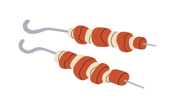 Espiga de barbacoa Kebab shashlik carne a la parrilla con cebolla barbacoa carne de cerdo frita y asada en palo de metal bocadillo de verano comida de barbacoa comer ilustración vectorial plana aislada sobre fondo blanco