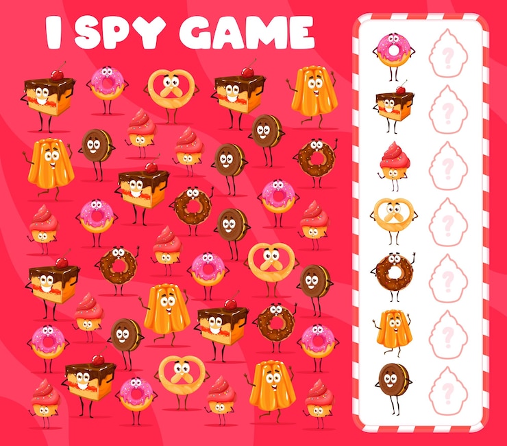 Vector espío juego dibujos animados panadería dulces y postres