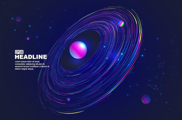 Espiral colorida bobinas planetas y estrellas vector de fondo de la publicación del festival de música de tecnología cósmica