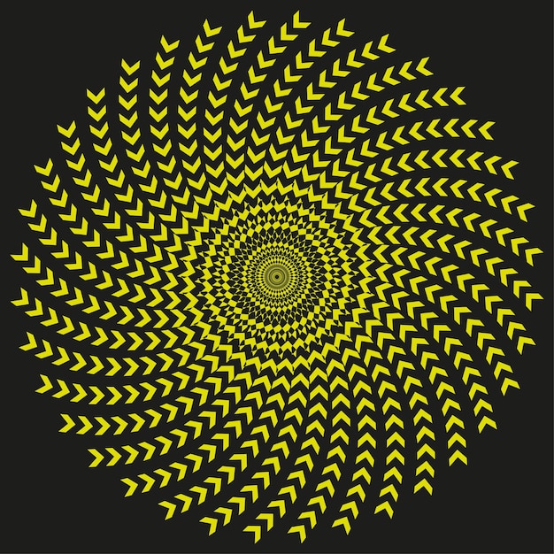 Espiral de flecha amarilla Ilusión de fondo negro Patrón circular vectorial Símbolo de movimiento de torsión