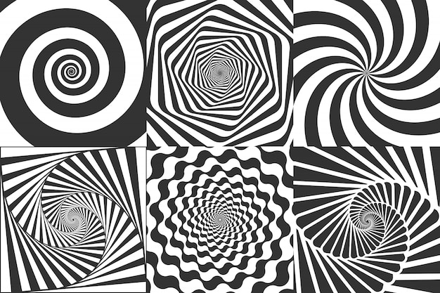 Espiral hipnótica. Remolino hipnotizar espirales, ilusión geométrica de vértigo y rayas giratorias alrededor de conjunto de ilustración de vector de patrón