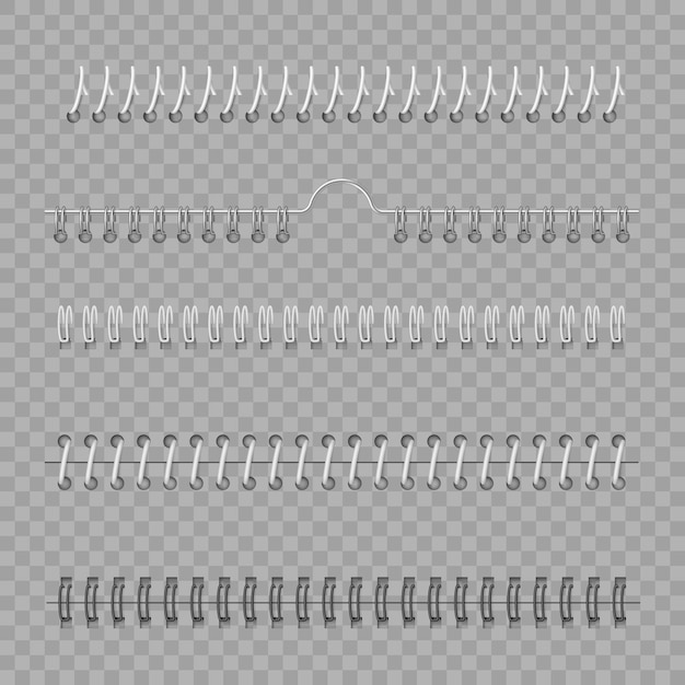 Espirales de alambre de hierro para encuadernar hojas de libreta. diseño de maqueta de carpeta espiral y anillado para cuaderno de papel, calendario, álbum de dibujo. ilustración vectorial realista