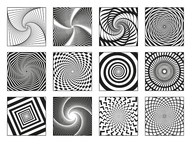 Espirales hipnóticas. El movimiento del vórtice hipnotiza espirales, conjunto de ilustración de vector de elementos de espiral de movimiento giratorio. Espirales hipnóticas abstractas. Vórtice hipnótico, movimiento espiral circular, rotación psicodélica
