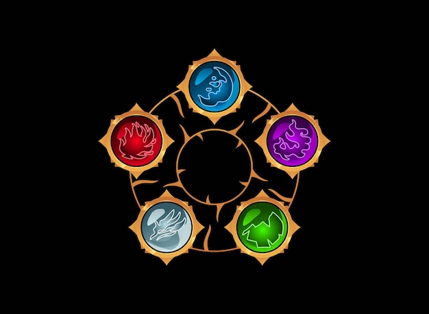 El espíritu, el agua, la tierra, el fuego, el aire, el mundo de fantasía, los elementos, el botón del juego y el icono en el marco de la insignia.