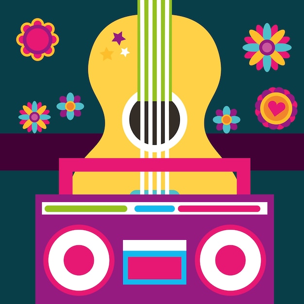 espíritu libre guitarra y radio retro vintage flores