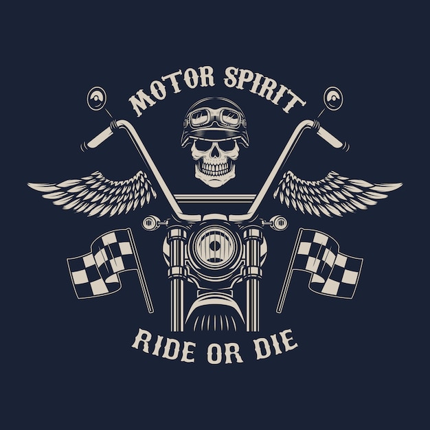 Espíritu motor monta o muere. motocicleta con alas. cráneo de corredor. elemento para cartel, emblema, signo, insignia. ilustración