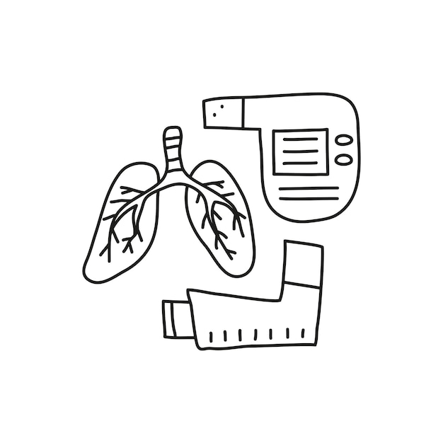 Vector espirómetro e inhalador de bolsillo de doodle lungs