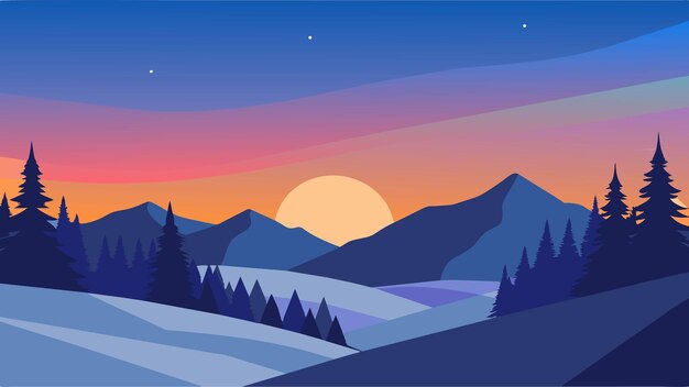 Espléndida escena navideña en el bosque de montaña Colorido amanecer de invierno Ilustración vectorial plana n