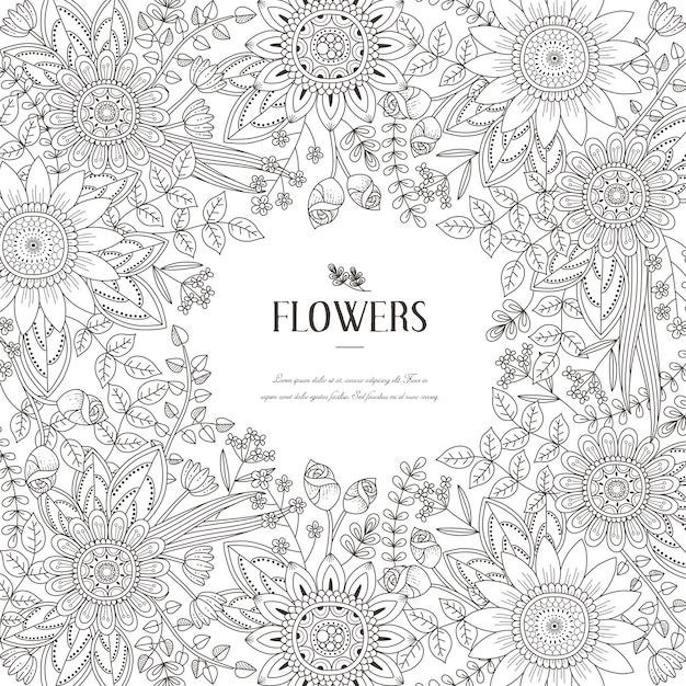 Espléndida página para colorear de marco de flores en un estilo exquisito