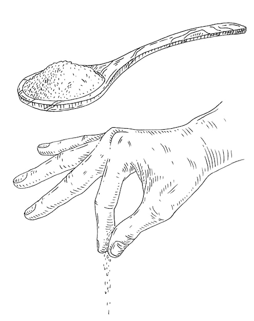 Vector espolvorear a mano sal o pimienta. vista lateral. vector de eclosión vintage