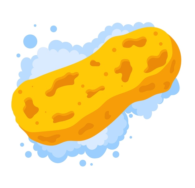 Esponja amarilla con burbujas de jabón herramienta de limpieza tareas domésticas ilustración vectorial de la esponja de lavado