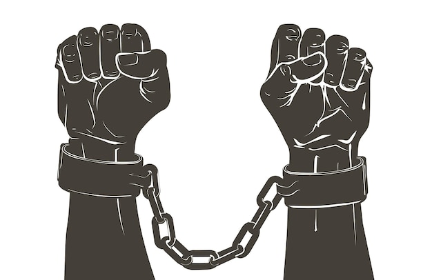 Esposas en las manos de los esclavos afroamericanos negros. Hombre criminal en cadenas de grilletes antiguos. Un concepto de esclavitud, dependencia, castigo, falta de libertad, tratamiento, servidumbre. Vector de dibujo