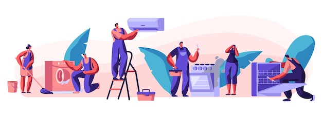 Vector esposo por una hora, servicio de reparación alegres personajes masculinos en uniforme trabajando con instrumentos para arreglar técnicas rotas en casa. electricista, fontanero llame al maestro en la ilustración de vector plano de dibujos animados de trabajo