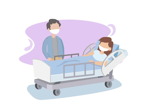 Vector el esposo que usa una máscara médica visita a una esposa enferma en el hospital ilustración vectorial de una persona enferma en la cama en estilo plano
