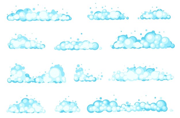 Espuma de baño de dibujos animados Balones de champú azul Burbujas de jabón de baño de estilo plano Bola de detergente en agua Higiene y lavado Fronteras de mousse cosmética Toileta de jabón Conjunto de elementos de espuma vectorial
