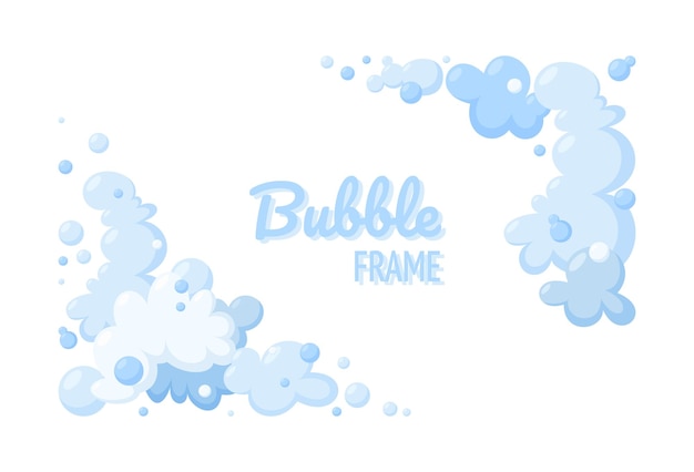 Espuma hecha de jabón o nubes. Conjunto de espuma azul claro y burbujas de diferentes formas. Marco y esquinas nublados. Ilustración vectorial en estilo de dibujos animados