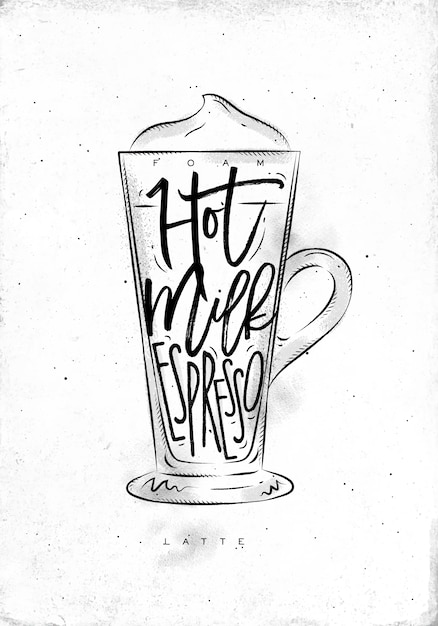 Espuma de letras de taza de café con leche, leche caliente, espresso en estilo gráfico vintage dibujo sobre fondo de papel sucio