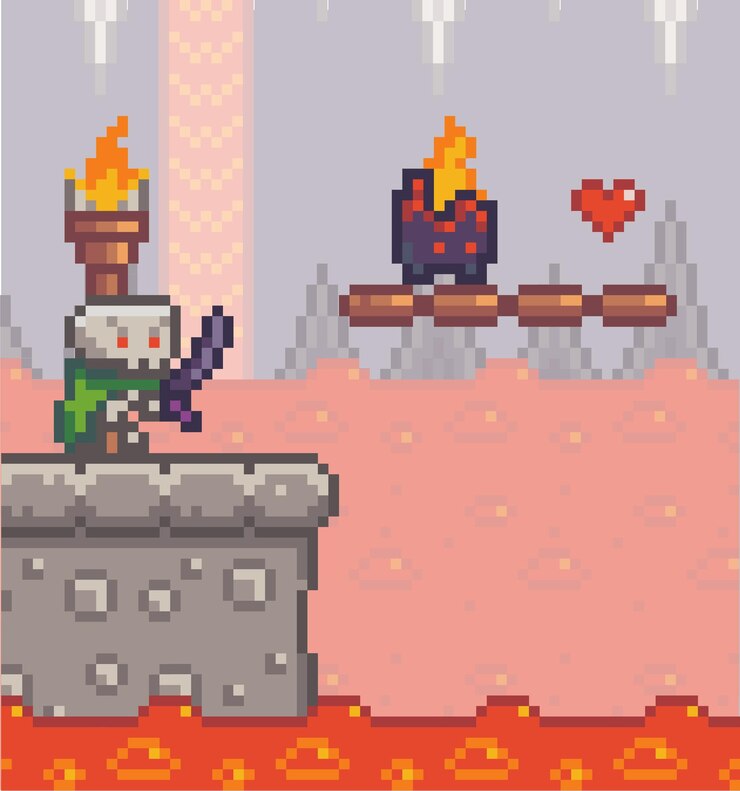 Vector esqueleto agresivo con espada en pixelg game npc mob cave con vida extra de magma hirviendo
