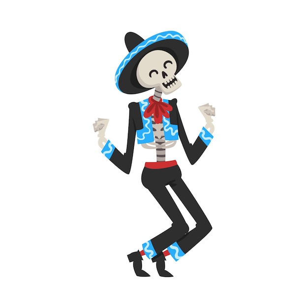 Esqueleto bailando en el traje nacional mexicano Día de los Muertos Ilustración vectorial conceptual