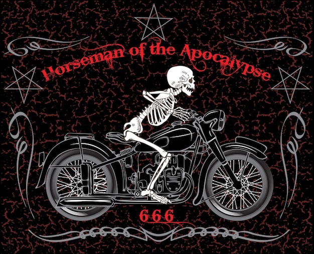 Esqueleto compitiendo con una motocicleta en estilo de impresión de camiseta