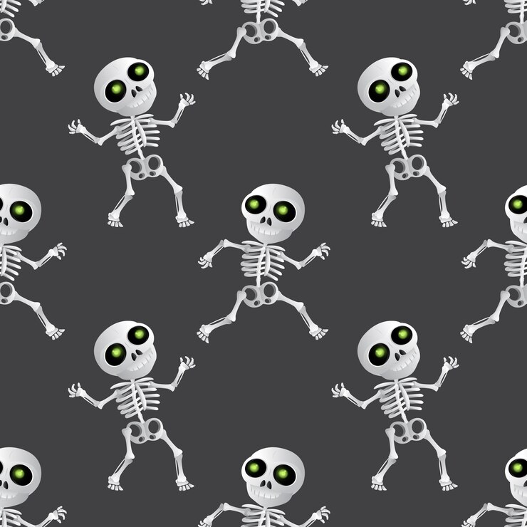 Esqueleto de dibujos animados feliz de patrones sin fisuras sobre fondo gris oscuro. Ilustración vectorial para la fiesta de Halloween feliz o el Día de los Muertos (Dia de Muertos)