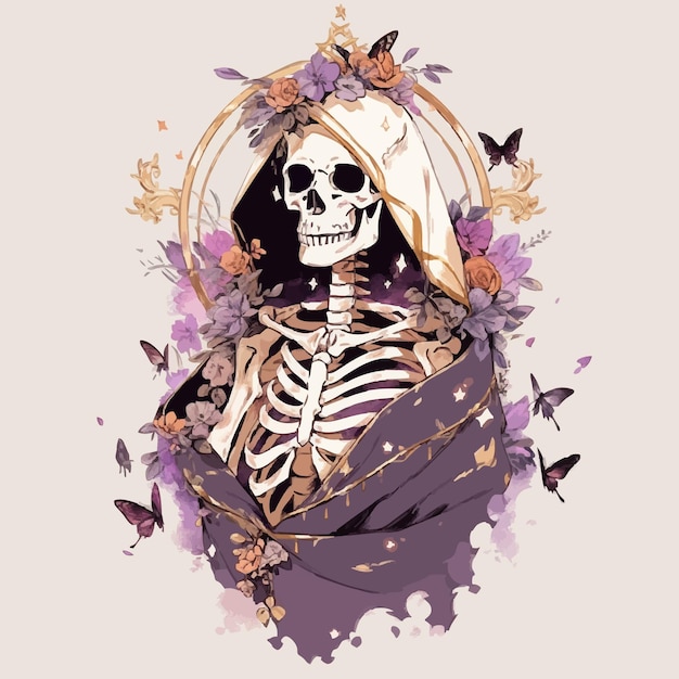 Un esqueleto femenino con un sombrero y mariposas a su alrededor