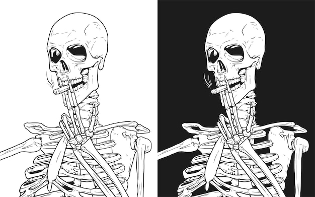 Esqueleto fumar cigarrillo línea arte vector ilustración